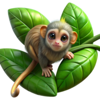 wonderful minimalist stunning traditional A tiny pygmy marmoset clinging to a branch in the Amazon rainforest, surrounded by lush green foliage. Cute, macro photography style high resolution genuine png