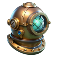 vibrant minimalist serene rustic A steampunk diver's helmet, its glass faceplate reflecting a mysterious underwater world, illuminated by a single beam of light high quality exclusive png