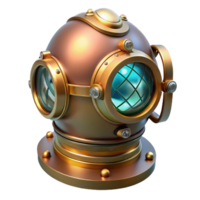 serene traditional magnificent minimalist A steampunk diver's helmet, its glass faceplate reflecting a mysterious underwater world, illuminated by a single beam of light original 4K png