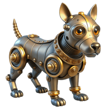 magnífico criativo dramático vintage uma steampunk robótico cachorro, com brilhando olhos e engrenagens visível abaixo Está metálico pele Alto qualidade profissional png
