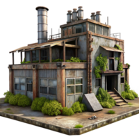 impressive creative beautiful contemporary An abandoned industrial complex, rusting metal, broken windows, overgrown with weeds, post-apocalyptic setting, gloomy lighting, original exclusive png