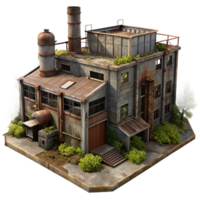 wonderful traditional elegant minimalist An abandoned industrial complex, rusting metal, broken windows, overgrown with weeds, post-apocalyptic setting, gloomy lighting, premium professional png