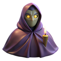 beautiful traditional extraordinary creative Portrait of a mysterious masked figure in a long, flowing cloak, an enigmatic expression, lit by a single flickering candle authentic original png