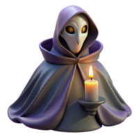 beautiful abstract impressive artistic Portrait of a mysterious masked figure in a long, flowing cloak, an enigmatic expression, lit by a single flickering candle high resolution genuine png