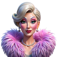 beautiful modern vibrant rustic Portrait of a glamorous drag queen with extravagant makeup and a feathered boa, a confident expression, lit by bright, colorful stage lights high resolution 4K png