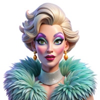 wonderful rustic impressive vintage Portrait of a glamorous drag queen with extravagant makeup and a feathered boa, a confident expression, lit by bright, colorful stage lights high quality premium png
