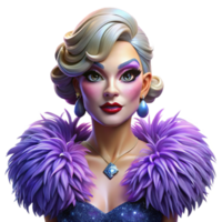 vibrant abstract wonderful vintage Portrait of a glamorous drag queen with extravagant makeup and a feathered boa, a confident expression, lit by bright, colorful stage lights high resolution 4K png