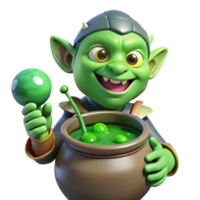 stunning rustic wonderful minimalist A mischievous goblin crafting a potion in a dimly lit cave, green, bubbling light, cartoon style high quality genuine png
