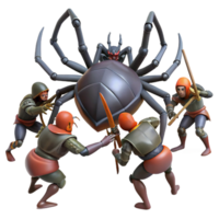 beautiful modern dramatic rustic A group of warriors battling a giant spider in a dark forest, dramatic lighting, realistic style 4K 4K png