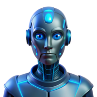 extraordinary rustic Portrait of a futuristic android with glowing blue circuitry lines visible beneath metallic skin, a neutral expression, and glowing blue eyes, lit by a cool, blue light genuine png