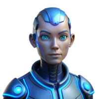 beautiful minimalist Portrait of a futuristic android with glowing blue circuitry lines visible beneath metallic skin, a neutral expression, and glowing blue eyes, lit by a cool, blue light 4K png