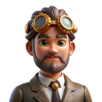 impressive artistic Portrait of a steampunk inventor with goggles perched on his forehead, intricate clockwork gears visible on his face, and a thoughtful expression, lit by warm, industrial... png