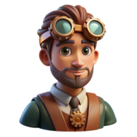 wonderful creative Portrait of a steampunk inventor with goggles perched on his forehead, intricate clockwork gears visible on his face, and a thoughtful expression, lit by warm, industrial... png