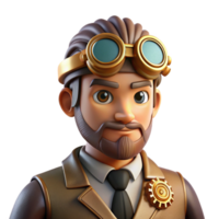 dramatic abstract Portrait of a steampunk inventor with goggles perched on his forehead, intricate clockwork gears visible on his face, and a thoughtful expression, lit by warm, industrial... png