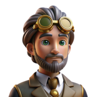 wonderful minimalist Portrait of a steampunk inventor with goggles perched on his forehead, intricate clockwork gears visible on his face, and a thoughtful expression, lit by warm, industrial... png