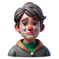 serene abstract Portrait of a melancholic clown with smeared makeup, a single tear rolling down their cheek, and a wistful expression, lit by a dim, single spotlight premium png