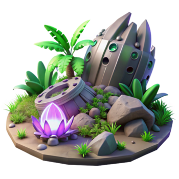 magnifik kreativ bio självlysande flora belysande de ruiner av en kolossal rymdskepp krascha webbplats på en djungel planet, hyperrealistisk, stråle spårning, dramatisk belysning, äkta png