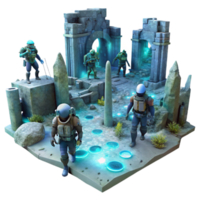 elegant traditional A group of explorers in futuristic diving suits, exploring the ruins of an underwater city, illuminated by the bioluminescent creatures of the deep.... png