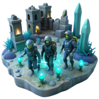 impressive vintage A group of explorers in futuristic diving suits, exploring the ruins of an underwater city, illuminated by the bioluminescent creatures of the deep.... png