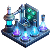 impressive rustic A futuristic laboratory filled with complex machinery and glowing test tubes, illuminated by the cool, blue light of holographic displays. Isometric pixel art style premium png