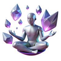 serene vintage A lone cyborg meditating amidst a field of floating, glowing crystals in a zero gravity environment. Dreamlike style, soft lighting high quality png