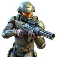 vibrant vintage A futuristic soldier in camouflage armor, aiming a high tech rifle in a dense, alien jungle. Military sci fi style, realistic rendering genuine png