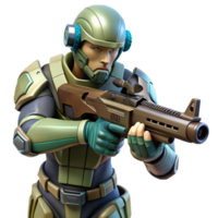 vibrant minimalist A futuristic soldier in camouflage armor, aiming a high tech rifle in a dense, alien jungle. Military sci fi style, realistic rendering genuine png