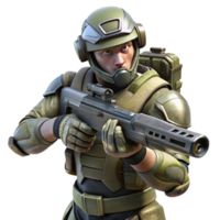 vibrant artistic A futuristic soldier in camouflage armor, aiming a high tech rifle in a dense, alien jungle. Military sci fi style, realistic rendering original png