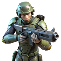 wonderful creative A futuristic soldier in camouflage armor, aiming a high tech rifle in a dense, alien jungle. Military sci fi style, realistic rendering original png