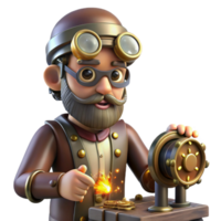 dramatic creative A lone steampunk inventor, goggles perched on his forehead, tinkering with a complex clockwork device emitting sparks and glowing embers, in a dimly lit workshop, Rembrandt... png