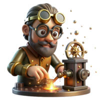 wonderful modern A lone steampunk inventor, goggles perched on his forehead, tinkering with a complex clockwork device emitting sparks and glowing embers, in a dimly lit workshop, Rembrandt... png