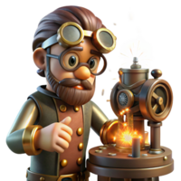 dramatic classic A lone steampunk inventor, goggles perched on his forehead, tinkering with a complex clockwork device emitting sparks and glowing embers, in a dimly lit workshop, Rembrandt... png