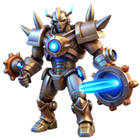 extraordinary artistic A fierce steampunk robot, constructed of riveted iron plates and glowing blue energy cores, wielding a massive gear shaped weapon, dynamic pose, dramatic lighting, cyberpunk... png