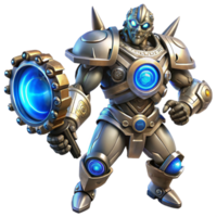 wonderful rustic A fierce steampunk robot, constructed of riveted iron plates and glowing blue energy cores, wielding a massive gear shaped weapon, dynamic pose, dramatic lighting, cyberpunk style... png