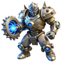 extraordinary modern A fierce steampunk robot, constructed of riveted iron plates and glowing blue energy cores, wielding a massive gear shaped weapon, dynamic pose, dramatic lighting, cyberpunk... png