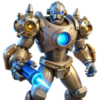vibrant traditional A fierce steampunk robot, constructed of riveted iron plates and glowing blue energy cores, wielding a massive gear shaped weapon, dynamic pose, dramatic lighting, cyberpunk... png