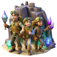 serene classic A group of steampunk explorers, equipped with jetpacks and grappling hooks, exploring a hidden cavern filled with glowing crystals, adventurous lighting, comic book style detailed png