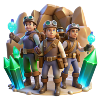 elegant creative A group of steampunk explorers, equipped with jetpacks and grappling hooks, exploring a hidden cavern filled with glowing crystals, adventurous lighting, comic book style premium png