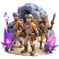 wonderful traditional A group of steampunk explorers, equipped with jetpacks and grappling hooks, exploring a hidden cavern filled with glowing crystals, adventurous lighting, comic book style... png