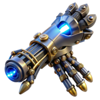 impressive creative A steampunk prosthetic arm, crafted from polished steel and brass, with intricate gears and glowing blue energy conduits, close up, cinematic lighting, biopunk style genuine png