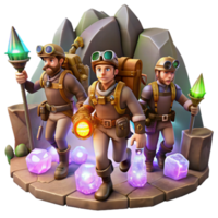 magnificent rustic A group of steampunk explorers, equipped with jetpacks and grappling hooks, exploring a hidden cavern filled with glowing crystals, adventurous lighting, comic book style exclusive png