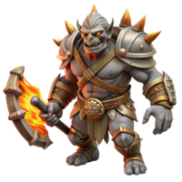 stunning classic A fierce orc chieftain wearing intricate bone armor, wielding a flaming battle axe, dark fantasy style, strong rim lighting high quality png