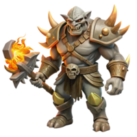 beautiful vintage A fierce orc chieftain wearing intricate bone armor, wielding a flaming battle axe, dark fantasy style, strong rim lighting high resolution png