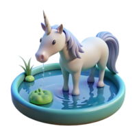 elegant creative A serene unicorn drinking from a crystal clear pond in a magical forest, dreamlike style, dappled lighting premium png