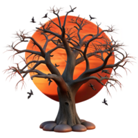 magnificent rustic A lone, gnarled oak tree silhouetted against a fiery sunset sky, with ravens perched on its branches. Dark fantasy style 4K png
