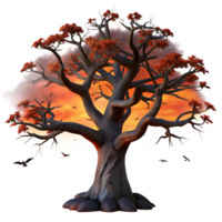 wonderful traditional A lone, gnarled oak tree silhouetted against a fiery sunset sky, with ravens perched on its branches. Dark fantasy style exclusive png