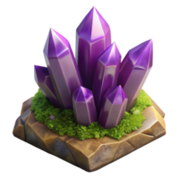 wonderful rustic A cluster of amethyst crystals growing on a mossy rock, soft, diffused lighting, fantasy art style 4K png