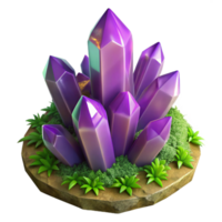 wonderful rustic A cluster of amethyst crystals growing on a mossy rock, soft, diffused lighting, fantasy art style high resolution png