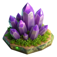 elegant minimalist A cluster of amethyst crystals growing on a mossy rock, soft, diffused lighting, fantasy art style high resolution png