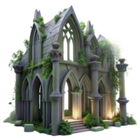 stunning rustic A crumbling gothic cathedral overgrown with vines, volumetric lighting from a hidden moon, ethereal, painterly style, high quality png